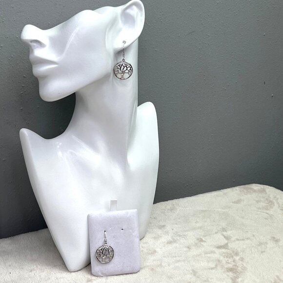 Tree of Life Dangle Earrings Silver Tone Rhinestone Accent Circle Shiny NWOT - Picture 2 of 7